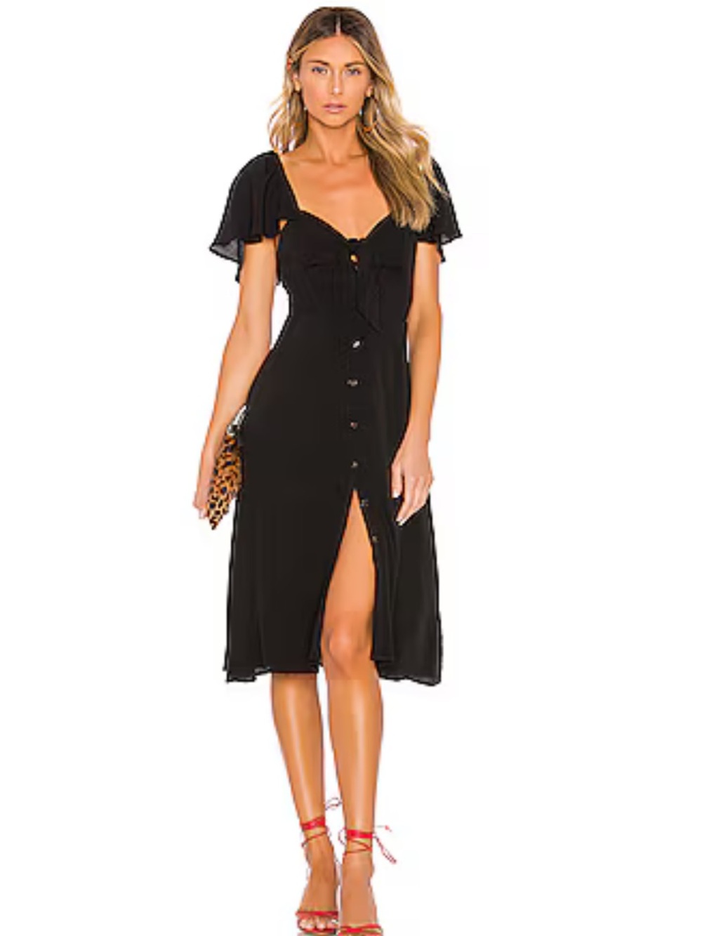 ASTR Black Button-Front Midi Dress with Flutter Sleeves